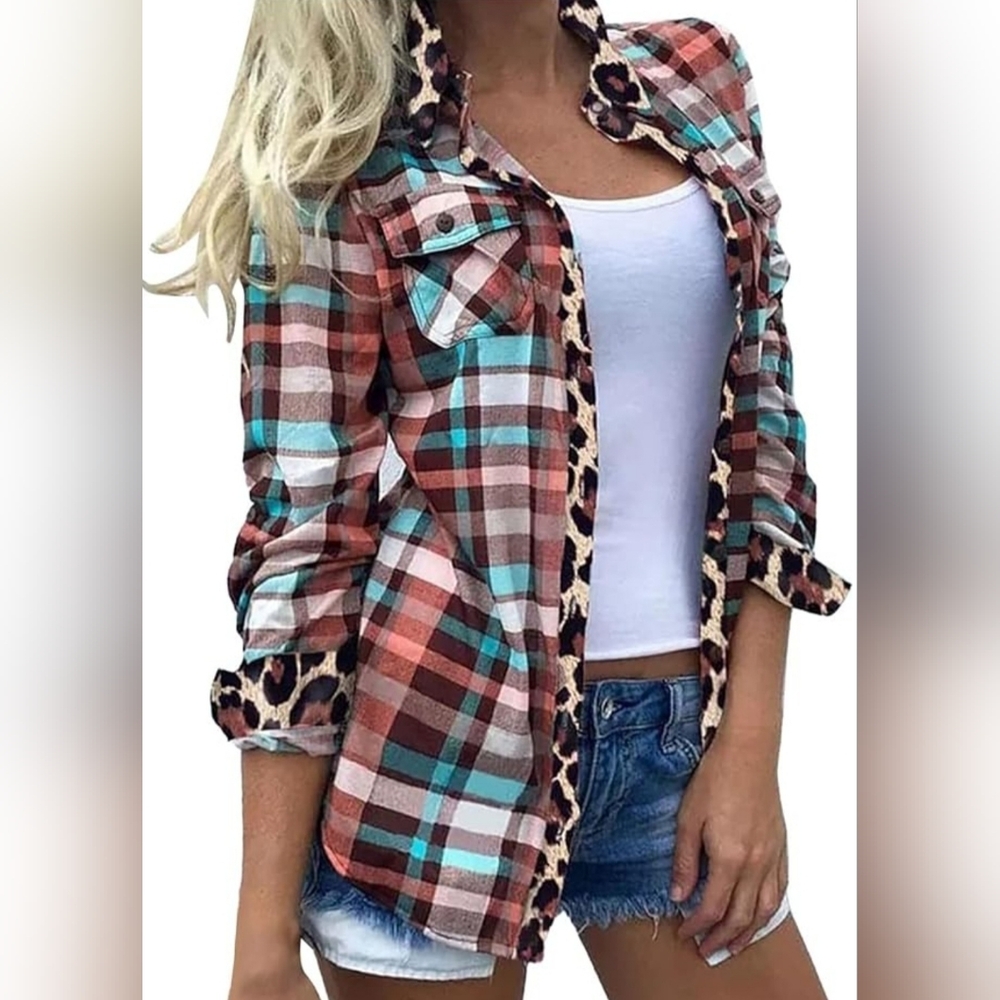 Plaid Button-Up Shirt with Leopard Trim Nwot
